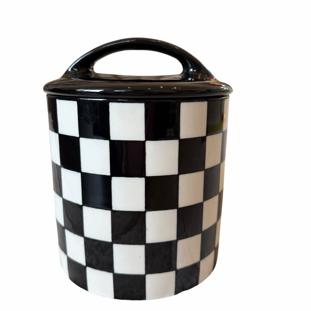 Potter's Studio Checkered Ceramic Canister w/ Lid Black & White 7x6 NEW